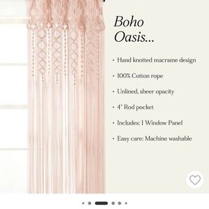 Boho Oasis Blush Macrame Curtain Panel 40”x 84”